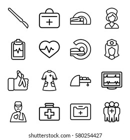 patient vector icons. Set of 16 patient outline icons such as heartbeat, first aid kit, MRI, heartbeat clipboard, nurse, medical kit, man with broken arm, scalpel
