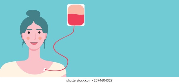 Patient with venous port system, cancer patient treated with chemotherapy, flat vector stock illustration or copy space template for overlay