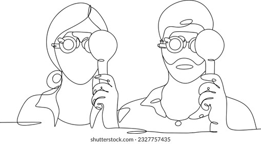 Patient vision testing. One eye is closed with an occluder. Ophthalmologist Day. One line drawing for different uses. Vector illustration.