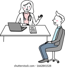 Patient visiting doctor. Female physician and male patient in exam room. Young man visiting doctor. Young man meeting with physician for consultation. Male patient visiting doctor's office.