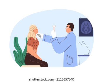 Patient visiting doctor office for medical checkup. Neurologist examining, checking health with professional tool in clinic. Neurology specialist. Flat vector illustration isolated on white background