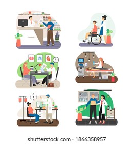 Patient visiting doctor scene set, flat vector illustration. Doctors appointment, consultation, treatment. Medical care for disabled people. Intravenous injection. Abdominal ultrasound scan. Pharmacy.