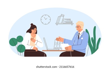 Patient Visiting Doctors Office. Woman With Health Complaints At Appointment In Hospital. Physician And Sick Adult Person. Medical Checkup. Flat Vector Illustration Isolated On White Background