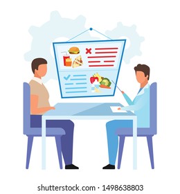 Patient visiting gastroenterologist flat vector illustration. Nutritionist offering healthy diet for obese man isolated cartoon character on white background. Doctor forbidding junk food consumption