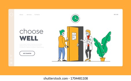 Patient Visiting Hospital for Doctor Appointment Landing Page Template. Practitioner Characters Inviting Visitor in Facial Mask for Check Up. Coronavirus Diagnostics. Linear People Vector Illustration