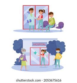 Patient Visiting Hospital For Doctor Appointment. Emergency Hospital Hall Cartoon Vector Illustration