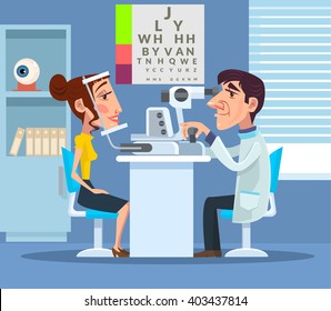 Patient visiting ophthalmologist. Vector flat cartoon illustration