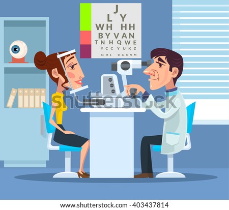 Patient visiting ophthalmologist. Vector flat cartoon illustration