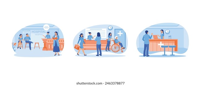 Patient visits at the hospital. Receptionists provide health information to patients.  Hospital reception desk. Hospital receptionist concept. Set flat vector illustration.