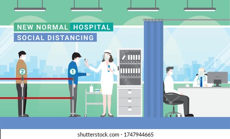 Patient are waiting for doctor at doctor's office waiting room in hospital section. People stand apart at queue line for temperature and hand sanitizer checkpoint. Protection is social distancing.