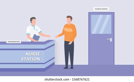 patient waiting on the nurse lobby waiting room with desk room with modern flat style - vector