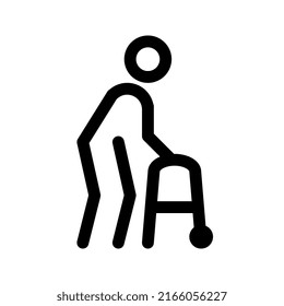 Patient With A Walker Outline Icon. Editable Stroke. Vector Graphics