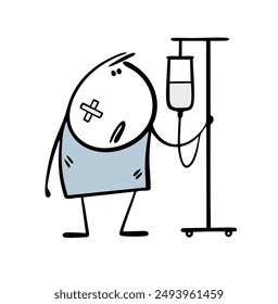 Patient walks around the hospital with an IV. Vector illustration of a man getting sick. The cartoon stickman had an accident and is being treated with medication.