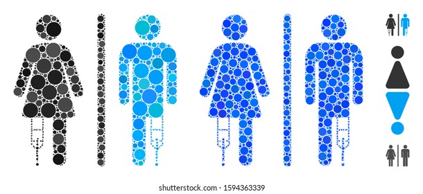 Patient WC persons composition of small circles in different sizes and color hues, based on patient WC persons icon. Vector filled circles are combined into blue collage.