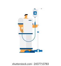 The patient wears a hospital uniform with intravenous drips.