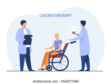 Patient in wheelchair undergoing chemotherapy. Female character with cancer, doctors analyzing condition flat vector illustration. Health, cancer concept for banner, website design or landing web page