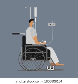 Patient who has sick ,on wheels chair, intravenous and nebulizer. 