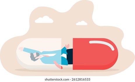 patient woman in depression drowning in medications sitting inside a bottle
