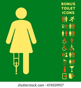 Patient Woman icon and bonus gentleman and lady toilet symbols. Vector illustration style is flat iconic bicolor symbols, orange and yellow colors, green background.