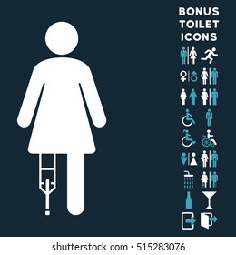 Patient Woman icon and bonus man and woman lavatory symbols. Vector illustration style is flat iconic bicolor symbols, blue and white colors, dark blue background.