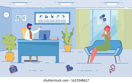 Patient Woman With Rheum Talking To Primary Care Physician At Hospital Office. Appointment Meeting With Doctor In Clinic. Medical Consultation And Specialist Support. Flat Cartoon Vector Illustration.