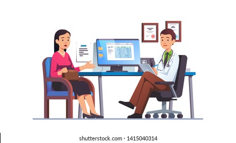 Patient Woman Talking To Primary Care Physician Man At Hospital Office. Clinic Appointment Meeting With Doctor, Having Conversation With Medic About Checkup Results. Flat Vector Character Illustration