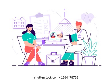 Patient woman talking to primary care physician man at hospital office. Clinic appointment meeting with doctor, having conversation with medic about checkup results. Flat vector character illustration
