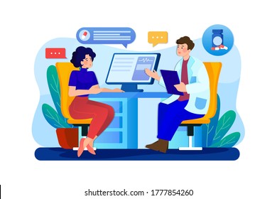 Patient woman talking to primary care physician man at hospital office