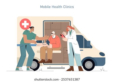 Patient-centric care concept featuring a medical team assisting an elderly man at a mobile health clinic. Integrated healthcare services on the go. Vector illustration.