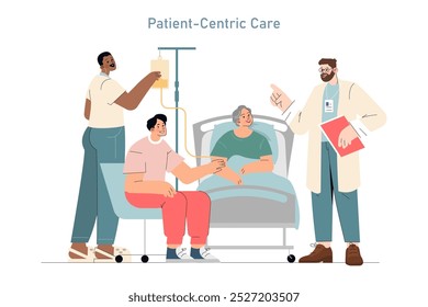 Concepto de Atención Centrada en el Paciente. Los profesionales de la salud atienden y consuelan a un paciente hospitalizado. Servicio médico inclusivo y compasivo. Ilustración vectorial.