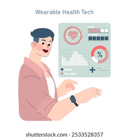 Patient-centric care concept. A person monitors health using wearable technology. Interactive medical data analysis for personalized healthcare. Vector illustration.