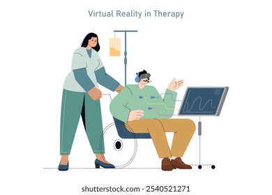 Patient-centric care concept. Virtual reality assists patient therapy with a nurse supervising recovery progress. Medical innovation for treatment. Vector illustration.