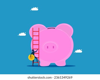Patiently saving money. businessman holding coins climbs a ladder to drop into a piggy bank