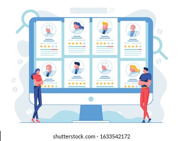 Patients Analyze Doctors Rating Flat Illustration. Hospital Clients Choosing Best Medical Workers Cartoon Characters. Telemedicine Webpage with Clinic Staff Ranking. Hospital Personnel Evaluation