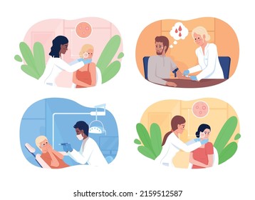 Patients at appointment with doctor 2D vector isolated illustrations set. Medical flat characters on cartoon background. Healthcare service colourful scene for mobile, website, presentation pack