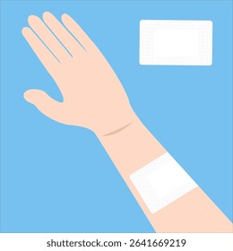 Patient's arm covered in white gauze,
sealed with a clean white plaster,
used for wound and medical care,
first aid, flat design style.
