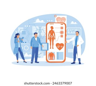 Los pacientes realizan consultas médicas en línea. El doctor lo explicó por la pantalla del celular. Concepto de consulta médica en línea. Ilustración vectorial plana.