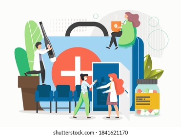 Patients catching cold, feeling sick visiting doctor office, flat vector illustration. Doctor standing at entrance door of giant first aid kit and inviting patient waiting in queue to come in.