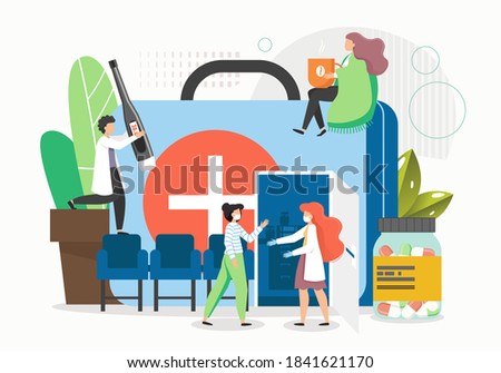 Patients catching cold, feeling sick visiting doctor office, flat vector illustration. Doctor standing at entrance door of giant first aid kit and inviting patient waiting in queue to come in.