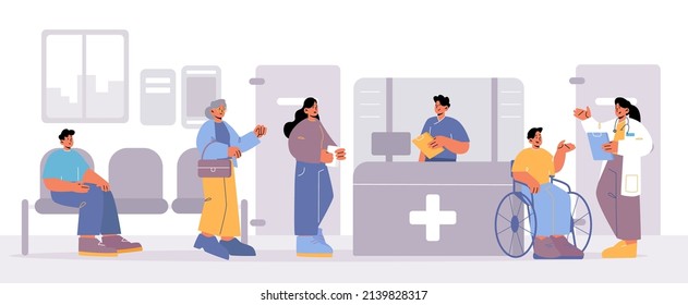 Patients Characters Waiting Doctor Appointment In Hospital Hallway With Reception Desk. Sick People Sitting In Clinic Corridor, Health Care And Medicine Service Concept, Line Art Vector Illustration