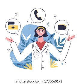 Die Patienten wählen die geeignetste Art, mit dem Online-Arzt zu kommunizieren: Anruf, Nachrichten, Video. Online-Krankenhaus oder Klinik, besuchen Sie Planer, Website-Konzept der ersten Hilfe. 