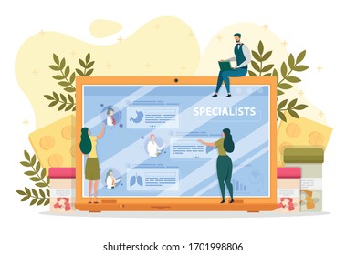 Patients Choosing Doctor or Specialist on Laptop Screen Flat Cartoon Vector Illustration. Different Avatars with Medical Staff. Inforrmation about Workers. Best Choice. Pills in Bottle.