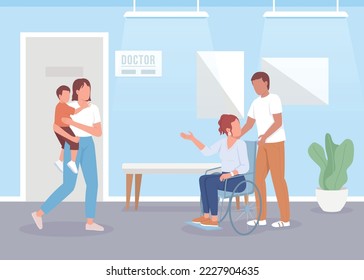 Patients in clinic corridor flat color vector illustration. Public healthcare service. Fully editable 2D simple cartoon characters with hospital interior on background. Bebas Neue font used