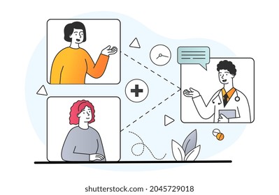 Patients Connecting Online. Doctor Interviews Patients, Online Conference. Specialist Checks Students, Distance Learning, Education. Cartoon Flat Vector Illustration Isolated On White Background