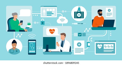 Pazienti che si collegano online con il loro medico, sta dando consigli medici e farmaci da prescrizione, concetto di telemedicina