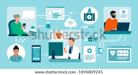 Patients connecting online with their doctor, he is giving medical advice and prescription drugs, telemedicine concept