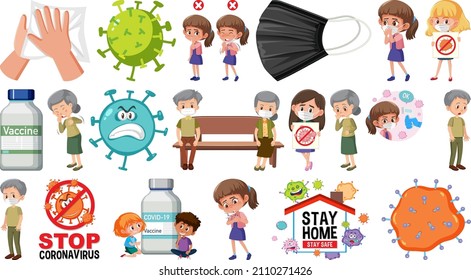 Patients and Coronavirus vaccination isolated objects illustration