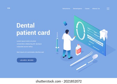 Patients Digital Dentistry Card. Dentist Examines Clients Dental Tomograms On Online Healthcare Document. Protected Account With Medical Health Data. Vector Home Page Isometric Template