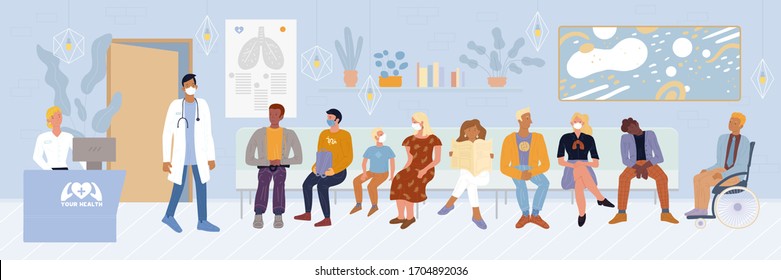 Patients, Disabled Person Sitting In Waiting Room, Expecting Doctor Appointment Time At Emergency Hospital, Private Clinic. Men, Woman, Child In Masks Wanting To Undergo Tests Vector Illustration.