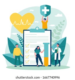 Patients And Doctor Advertising Health Insurance. People Presenting Medical Checklist. Vector Illustration For Healthcare, Protection, Security, Medical Service Concept